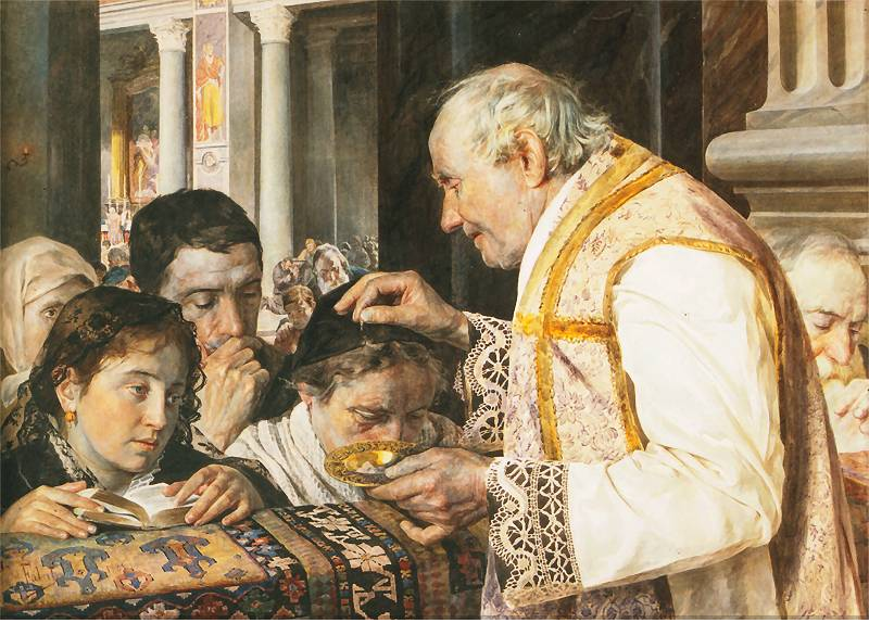 Posypanie popiołem w XIX-wiecznych Włoszech. Julian Fałat, Popielec, 1881